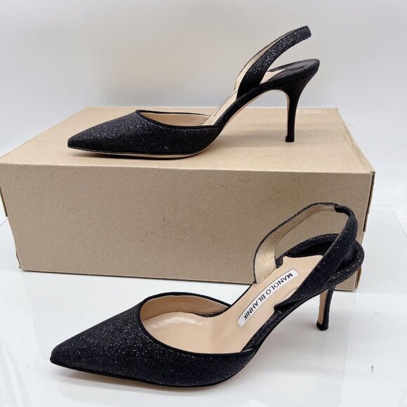 Manolo Blahnik Carolyne Low Heel Women’s Slingback Pumps Black Glitter EU 36.5 - Picture 3 of 12